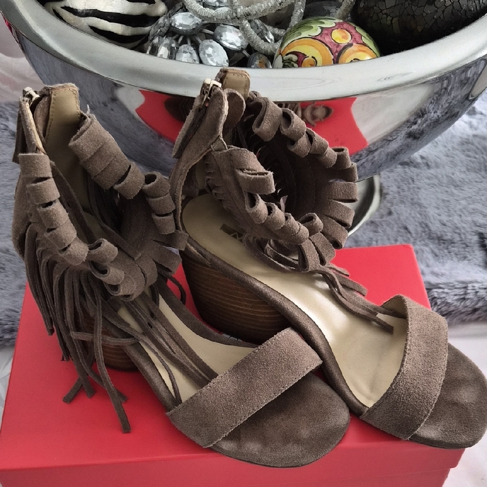 Matiko Taupe Fringe Heels. 4 Inch Heel.